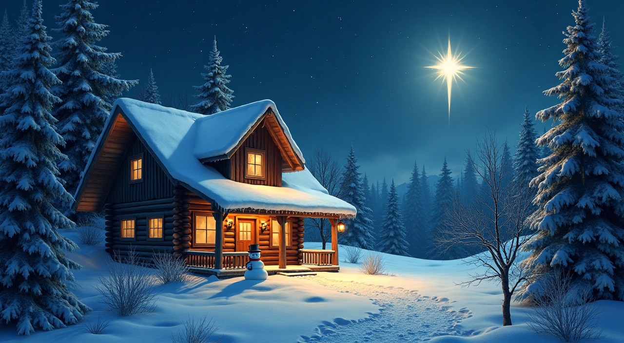 A house covered with a blanket of snow in a peaceful night