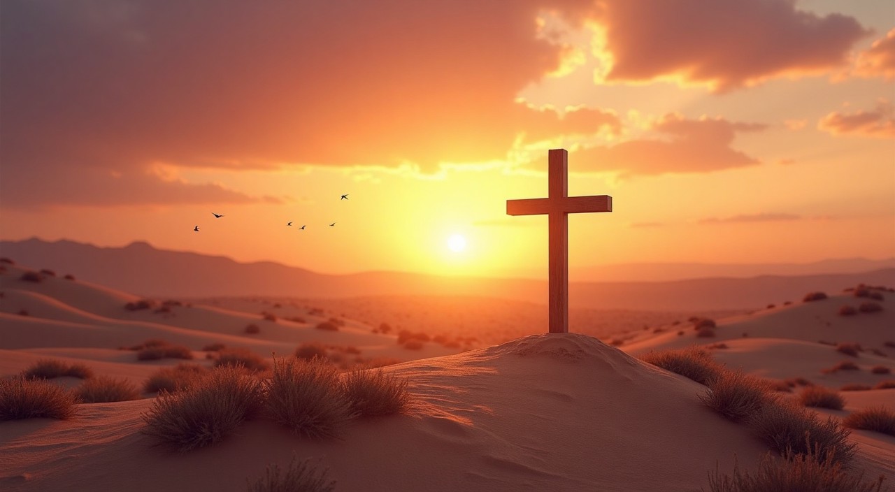 A cross on a hill at dusk
